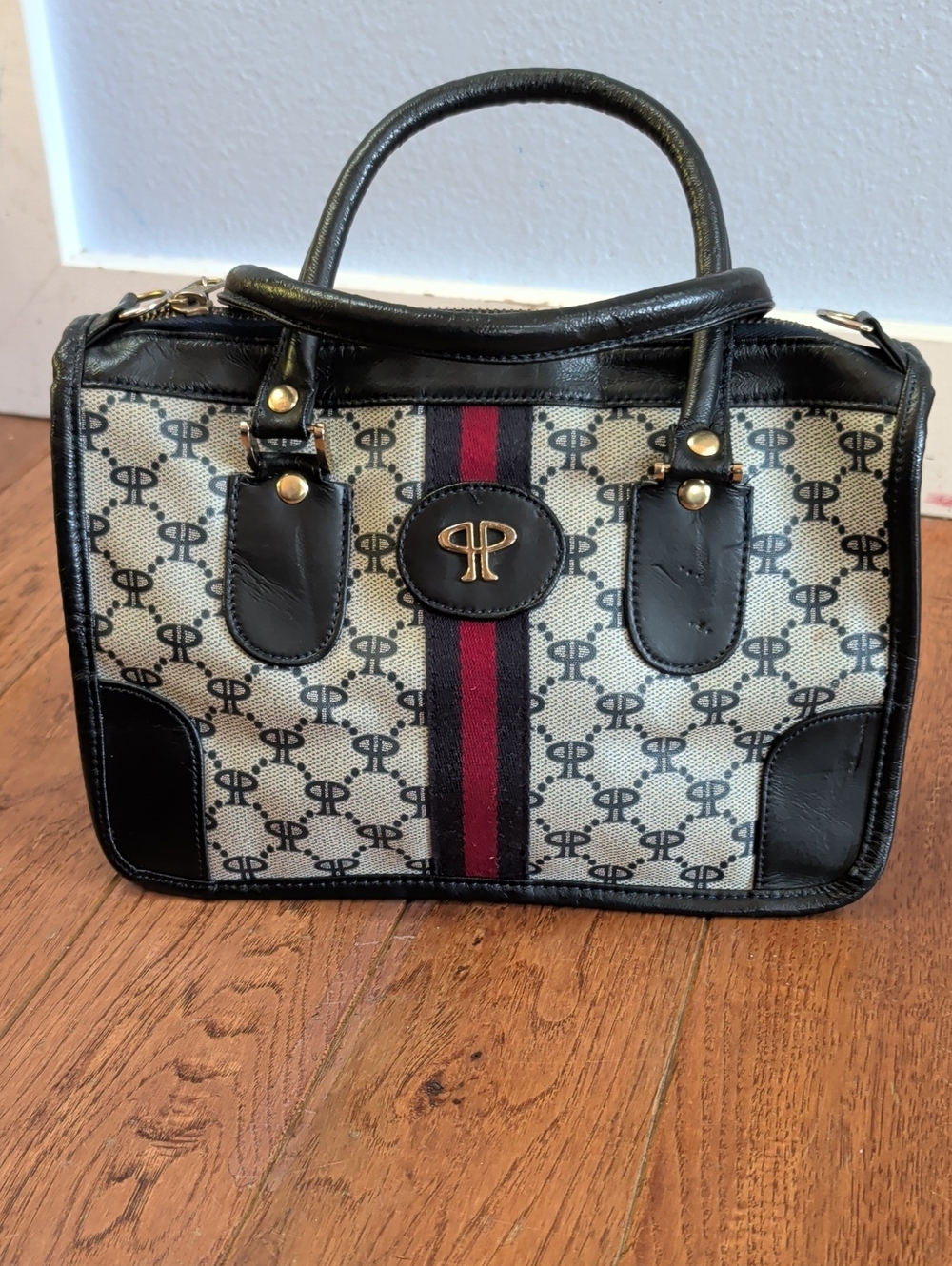 Paco Paris Vintage Designer-Inspired Black Beige Patterned Satchel